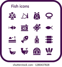  fish icon set. 16 filled fish icons. Simple modern icons about  - Wellness, Fishing, Pet, Collar, Fish, Canned food, Turtle, Christianity, Sea, Food, Ribs, Whale, Cat, Seaweed