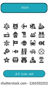  fish icon set. 25 filled fish icons. Simple modern icons about  - Wellness, Cat, Fish, Fins, Tuna, Geisha, Octopus, Seaweed, Lifejacket, Turtle, Christian, Puffer fish, Crab