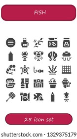 fish icon set. 25 filled fish icons.  Collection Of - Meat, Apron, Shrimp, Chop, Food, Sauce, Lobster, Seashell, Jellyfish, Turtle, Fishing, Seaweed, Net, Fish, Sauces, Veterinary
