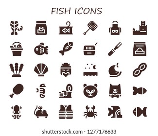  fish icon set. 30 filled fish icons. Simple modern icons about  - Fish, Food, Canned food, Net, Apron, Belem tower, Pet, Meat, Seaweed, Seashell, Chinese, Sea, Whale, Peanut