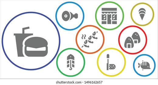 fish icon set. 9 filled fish icons.  Collection Of - Fast food, Meat, Grocery, Bait, Net, Shrimp, Onigiri, Clam, Fish
