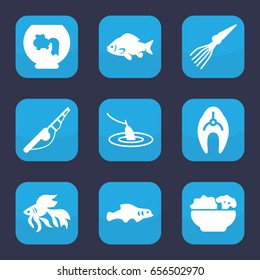 Fish icon. set of 9 filled fish icons such as fish, food, fishing, extinct sea creature