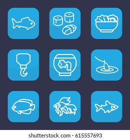 Fish icon. set of 9 outline fish icons such as fish, hook, food, sushi, fishing