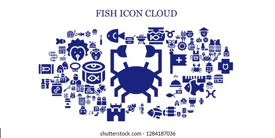  fish icon set. 93 filled fish icons. Simple modern icons about  - Crab, Pet, Fishing, Fish, Barbecue, Aquarium, Seahorse, Sand castle, Sauces, Worm, Turtle, Medusa, Cat, Sea