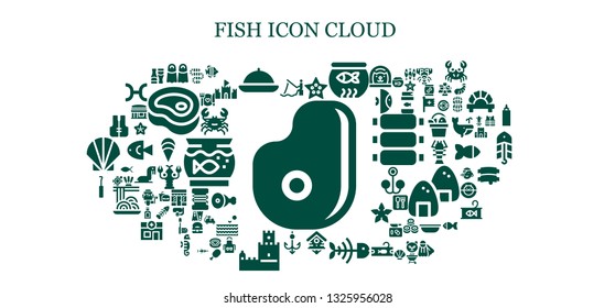 fish icon set. 93 filled fish icons.  Simple modern icons about  - Meat, Fishing, Fins, Food, Starfish, Fish bowl, Bird house, bone, Hook, Belem tower, Lifejacket, Worm,