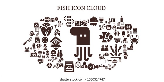 fish icon set. 93 filled fish icons.  Collection Of - Octopus, Food, Hamster ball, Worm, Meat, Puffer fish, Veterinarian, Crab, Portuguese, Restaurant, Veterinary, Lobster