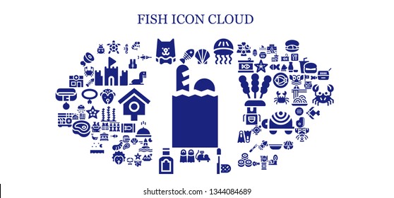fish icon set. 93 filled fish icons.  Collection Of - Groceries, Fish, Turtle, Cat, Seashell, Jellyfish, Mouse toy, Net, Fins, Food, Sushi, Veterinary, Seahorse, Shrimp, Hamster