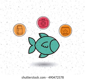 Fish and icon set. Animal pet and nature theme. White and texture background. Vector illustration
