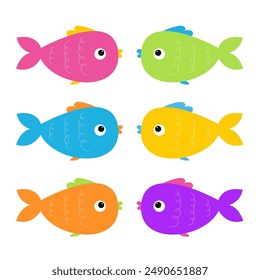 Fish icon set. Cartoon kawaii cute funny colorful baby character. Marine life. Brightly aquarium sea ocean animals. Kids collection. Childish style. White background. Isolated. Flat design. Vector