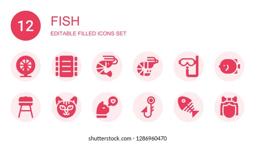 fish icon set. Collection of 12 filled fish icons included Hamster, Ribs, Shrimp, Prawn, Dive, Barbecue, Cat, Fishing hook, Fish bone, Troglodyte