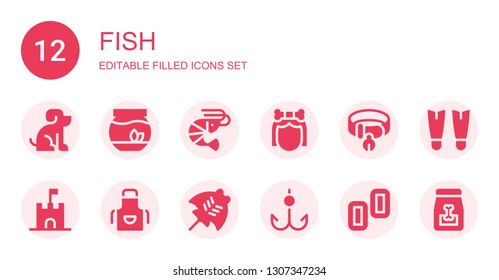 fish icon set. Collection of 12 filled fish icons included Pet, Fishbowl, Shrimp, Troglodyte, Collar, Sand castle, Apron, Manta ray, Hook, Fins, Dog food