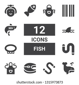 fish icon set. Collection of 12 filled fish icons included Whale, Worm, Salmon, Apron, Collar, Shark, Fish, Bacon, Japanese