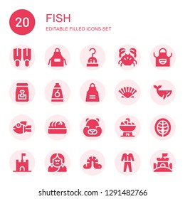 Fish Icon Set. Collection Of 20 Filled Fish Icons Included Fins, Apron, Hook, Crab, Dog Food, Food, Seashell, Whale, Fish, Dumpling, Hamster, Bowl, Salmon, Sand Castle, Troglodyte