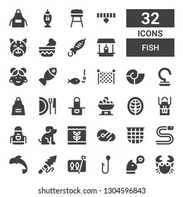 fish icon set. Collection of 32 filled fish icons included Crab, Cat, Hook, Sardines, Harpoon, Dolphin, Eel, Net, Meat, Fish, Pet, Apron, Salmon, Bowl, Dish, Seashell, Fishing net