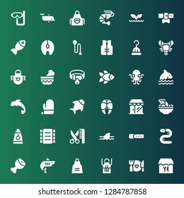 fish icon set. Collection of 36 filled fish icons included Restaurant, Food, Apron, Shark, Ham leg, Eel, Collar, Grooming, Ribs, Tom yum, Grocery, Fish, Mitt, Dolphin, Kraken