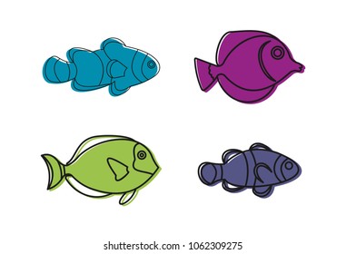 fish icon set. Color outline set of fish vector icons for web design isolated on white background