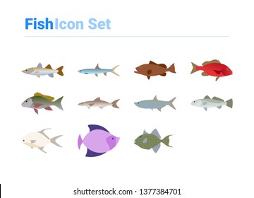 Fish icon set of color types. Isolated vector sign symbols. Icon pack.