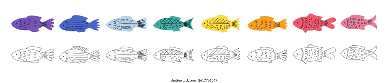 Fish icon set. Colored and outline icons strong fish. Minimalist modern vector drawing scandinavian design. Children's vector illustration sea fish ocean