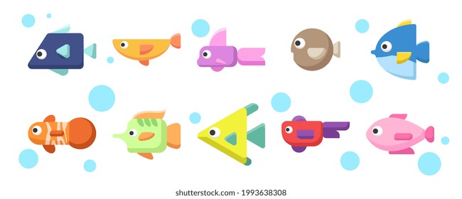 fish icon set, colored fish with water bubbles. flat doodle fish vector.