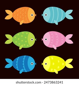 Conjunto de iconos de pez. Colorido acuario de animales marinos del océano. Lindo kawaii dibujos animados divertido personaje de bebé. Vida marina. Colección de niños. Estilo infantil. Aislado. Fondo negro. Diseño plano. Vector