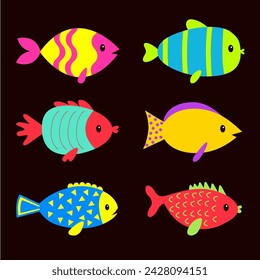 Fish icon set. Colorful bright aquarium sea ocean animals. Cute kawaii cartoon funny baby character. Marine life. Kids collection. Childish style. Isolated. Black background. Flat design. Vector