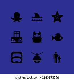 fish icon set with fish, crab and pet bell vector icons for web and graphic design
