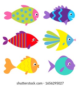 Fish icon set. Cute cartoon kawaii funny character. Colorful aquarium sea ocean animals. Baby kids collection. Marine life. White background. Isolated. Flat design. Vector illustration