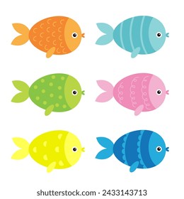 Fish icon set. Cute kawaii cartoon funny baby character. Marine life. Colorful aquarium sea ocean animals. Kids collection. Childish style. Isolated. White background. Flat design. Vector