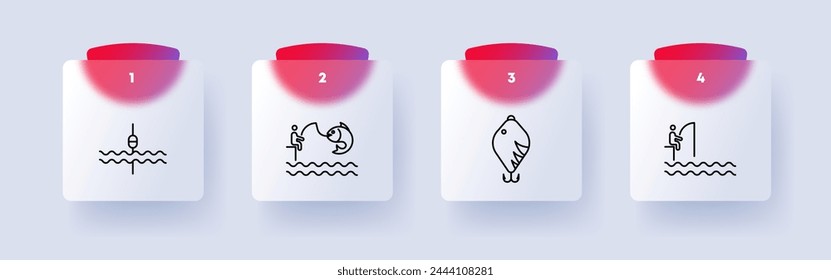Fish icon set. Fishing, perch, crucian carp, float, hook, man, pier, bait, bait, silhouette, snag, underwater inhabitants, numbering. Outdoor recreation, active leisure concept. Glassmorphism style.