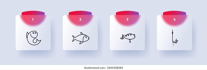 Fish icon set. Fishing, perch, crucian carp, float, hook, bait, bait, silhouette, bait, underwater inhabitants, numbering. Outdoor recreation, active leisure concept. Glassmorphism style.