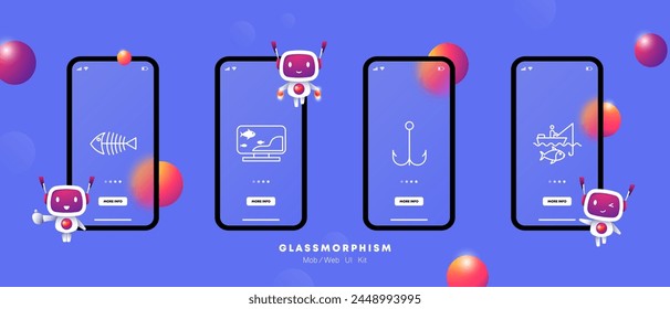 Fish icon set. Fishing, TV show, skeleton, float, hook, man, pier, bait, bait, silhouette, bait, underwater inhabitants, gradient. Outdoor recreation, active leisure concept. Glassmorphism style.