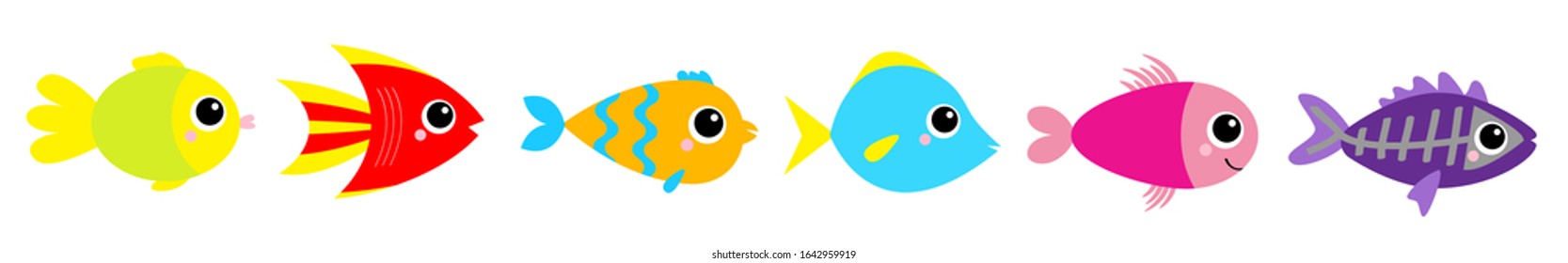 Fish icon set line. Cute cartoon kawaii funny character. Baby kids collection. Aquarium sea ocean animals. Marine life. White background. Isolated. Flat design. Vector illustration