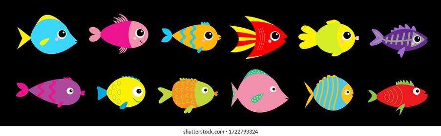 Fish icon set line. Cute cartoon kawaii colorful aquarium animals. Baby kids collection. Isolated. Black background. Flat design. Vector illustration