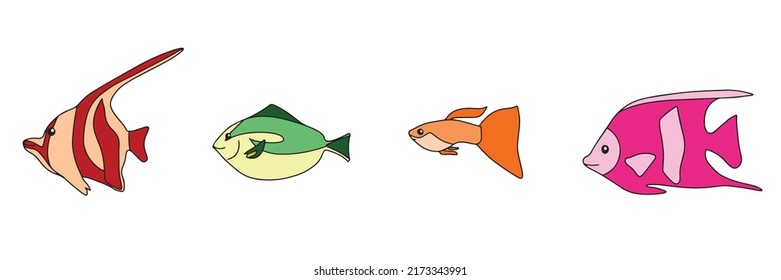 Fish icon set line. Cute cartoon kawaii funny character. Baby kids collection. Aquarium sea ocean animals. Marine life. White background. Isolated. Flat design. Vector illustration