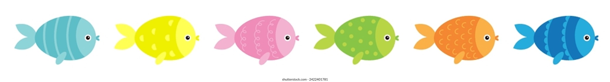 Fish icon set line. Cute cartoon kawaii funny baby character. Marine life. Colorful aquarium sea ocean animals. Kids collection. Childish style. Isolated. White background. Flat design. Vector