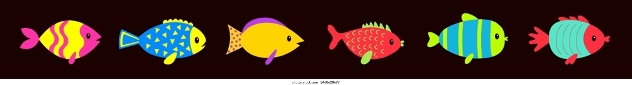 Fish icon set line. Marine life. Cartoon cute kawaii funny baby character. Colorful brightly aquarium sea ocean animals. Kids collection. Childish style. Isolated. Black background. Flat design Vector