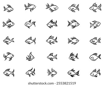 Fish icon set. Logo element vector illustration drawing. Silhouette underwater animal and outline water wildlife. Marine seafood isolated white