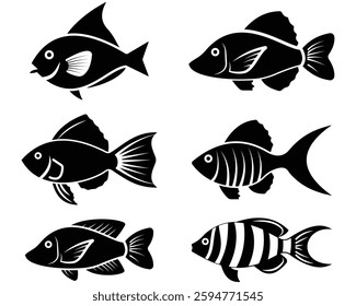 Fish icon set. for mobile concept and web design. vector illustration. Set of fish. Fish icon vector isolated on white black background. food illustration sign collection. Fish icon