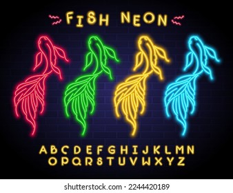 Fish icon set with neon light glowing illustration elements