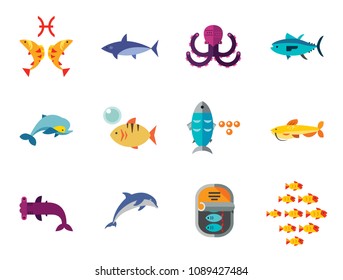 Fish Icon Set. Pieces Octopus Dolphin Shark Catfish Canned Fish Tuna Fish Shoal Caviar Hammerhead Fish Sea Skate Goldfish