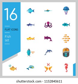 Fish Icon Set. Pieces Octopus Dolphin Shark Catfish Canned Fish Tuna Fish Shoal Caviar Hammerhead Fish Sea Skate Goldfish