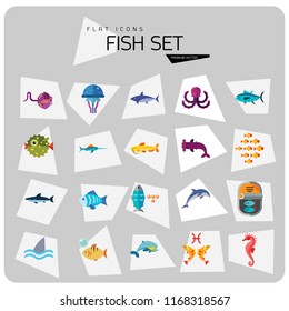 Fish Icon Set. Pieces Octopus Dolphin Shark Catfish Canned Fish Tuna Fish Shoal Caviar Hammerhead Fish Sea Skate Goldfish