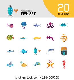 Fish Icon Set. Pieces Octopus Dolphin Shark Catfish Canned Fish Tuna Fish Shoal Caviar Hammerhead Fish Sea Skate Goldfish
