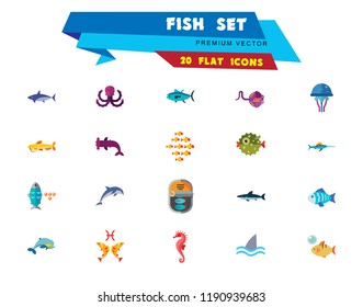 Fish Icon Set. Pieces Octopus Dolphin Shark Catfish Canned Fish Tuna Fish Shoal Caviar Hammerhead Fish Sea Skate Goldfish
