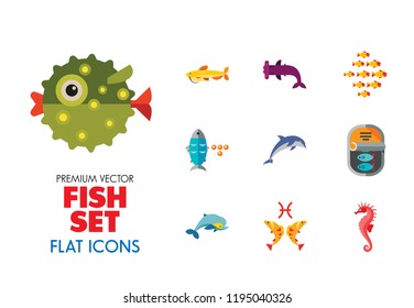 Fish Icon Set. Pieces Octopus Dolphin Shark Catfish Canned Fish Tuna Fish Shoal Caviar Hammerhead Fish Sea Skate Goldfish