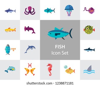Fish Icon Set. Pieces Octopus Dolphin Shark Catfish Canned Fish Tuna Fish Shoal Caviar Hammerhead Fish Sea Skate Goldfish