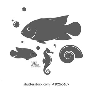 Fish. Icon set. Seahorse. Vector illustration