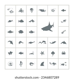 fish icon set with shark, orca, starfish, sea animals
