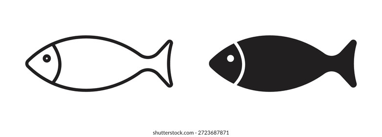Fisch-Icon-Set mit einfachen Tier-Silhouetten in Umrissen und soliden Stilen, die Meeresfrüchte, Fischerei, Meeresleben und aquatische Symbole für Lebensmittel, Menü und Benutzeroberfläche Design