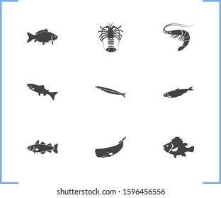 Fish icon set and sperm whale with carp fish, arctic char fish and saury. Sardine related fish icon vector for web UI logo design.